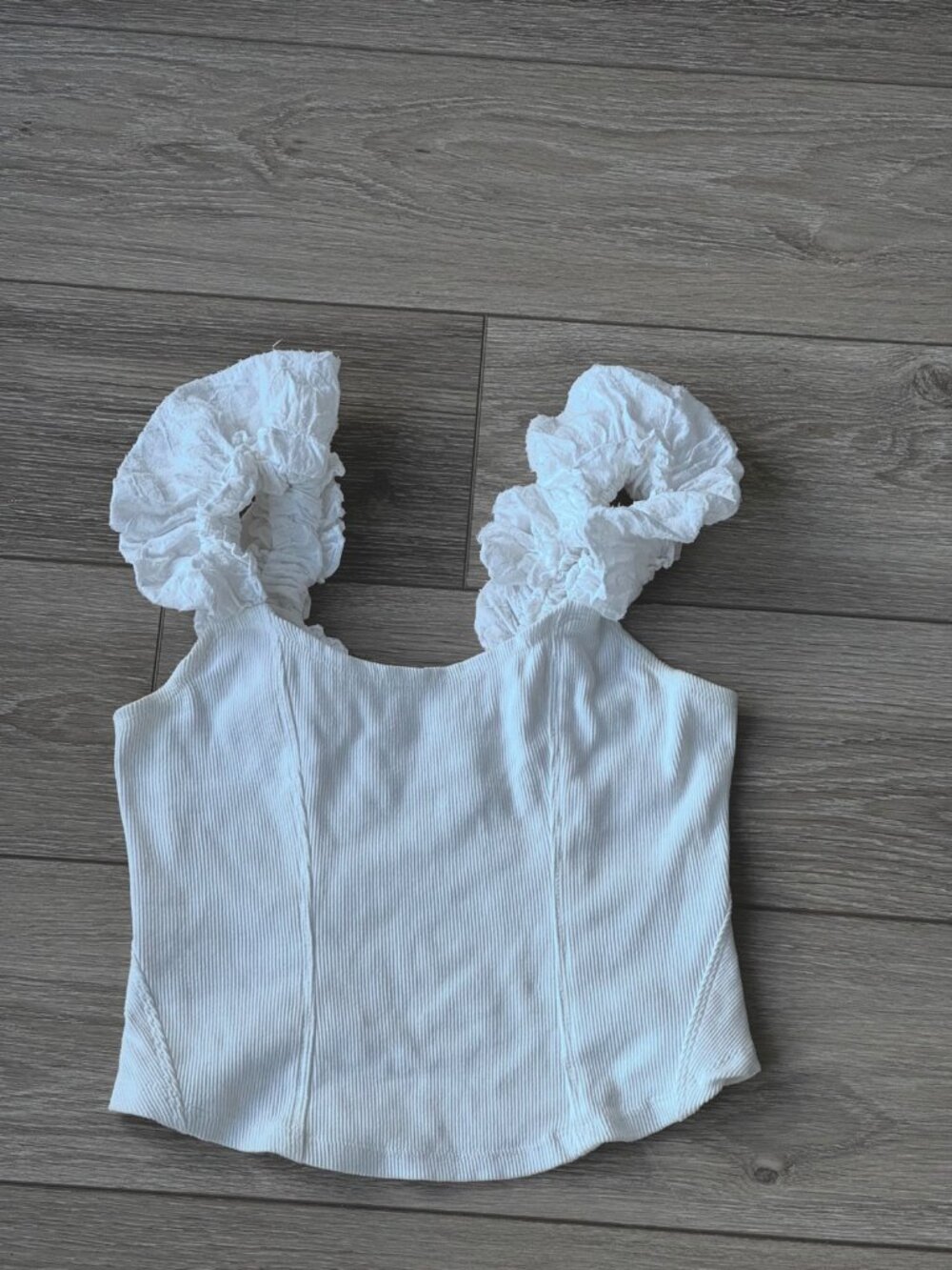 Anthropologie White Ribbed Ruffle Strap Crop Top XS